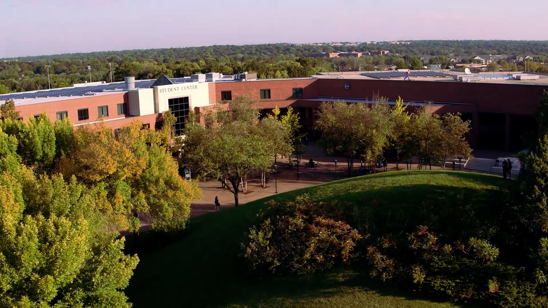 Drone aerial shot of the campus featuring the Student Center