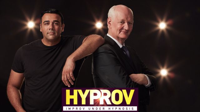 Asad Mecci and Colin Mochrie standing next to each other with the words HYPROV Improv under Hypnosis