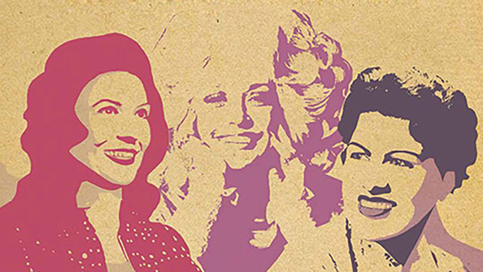 illustrations of Patsy Cline, Loretta Lynn, and Dolly Parton in pink and purple silhouettes