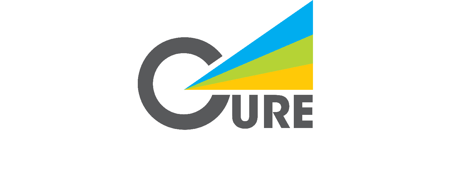 Design of the word CURE with colorful rays emanating from the letter C.