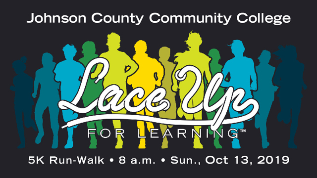 A stylized drawing of a group of runner silhouettes with the words Johnson County Community College Lace Up for Learning 5k run-walk, 8 a.m., Sun., Oct. 13, 2019