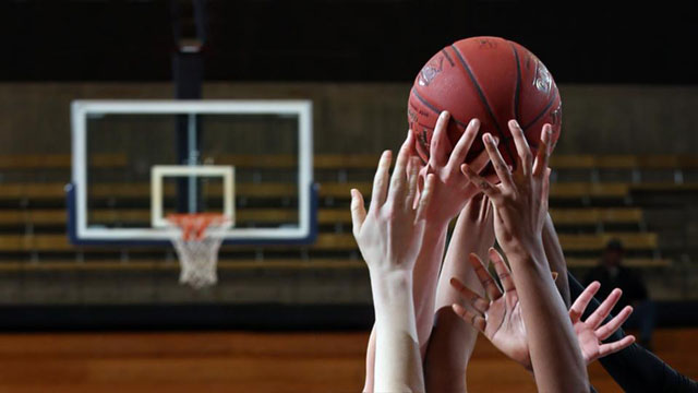 Several basketball players' hands reaching up to grab a basketball