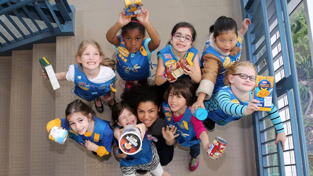 Troop of young girl scouts from above