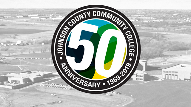 50th anniversary logo on a black-and-white background of the campus