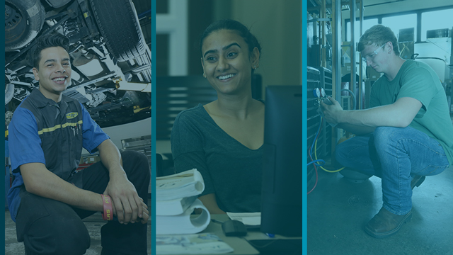 Three images side by side depicting autmotive, hvac and I-T careers
