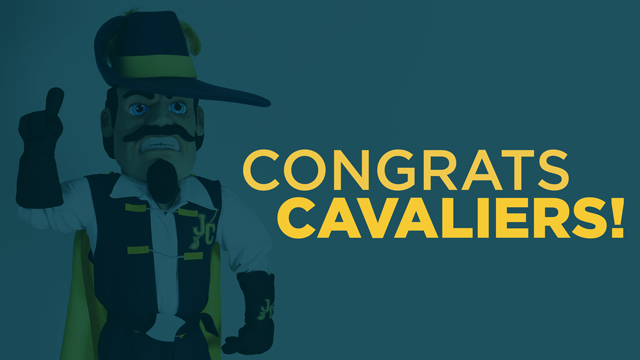 Jean Claude Cavalier holding up his index finger. Words on the image are Congrats Cavaliers!