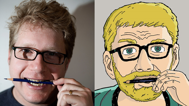 Josh Neufeld holding a pencil in his mouth next to a cartoon drawing of himself with a beard holding a pencil in his mouth.