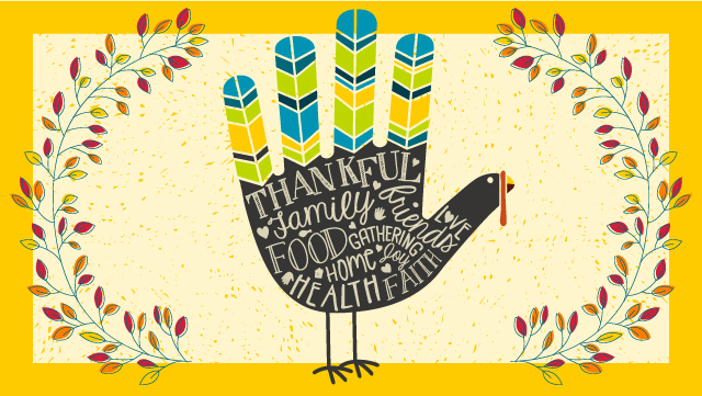 A graphic of a turkey decorated with the words thankful, family, friends, good, gathering, home, joy health, faith and love.