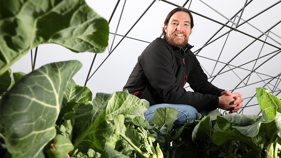 Neil Rudisill poses among plants inside his greenhouse