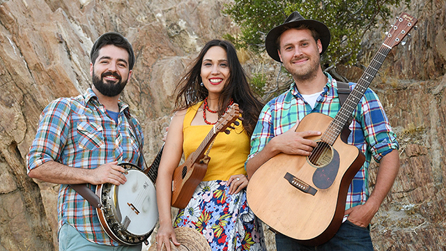 Promotional photo of Sonia de los Santos and The Okee Dokee Brothers.