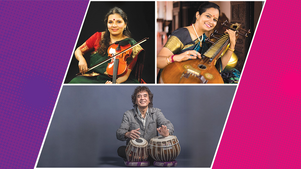 Composite photo of Zakir Hussain, Kala Ramnath and Jayanthi Kumaresh.