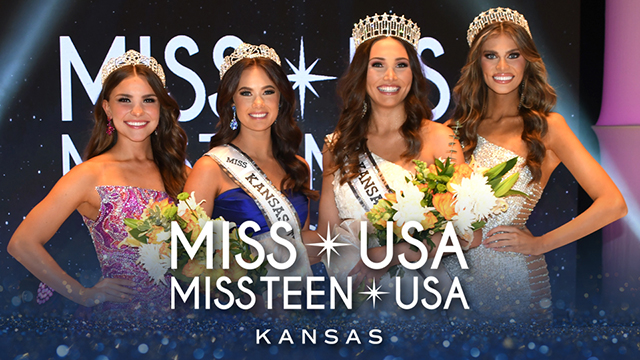 four women wearing crowns smile at the camera with the words Miss USA and Miss Teen USA Kansas