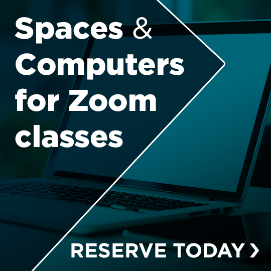 Open laptop computer with the words Spaces and Computers for Zoom classes - Reserve Today