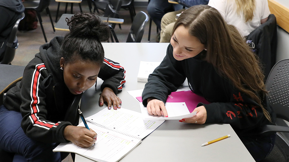One student writes in a notebook while another looks over the work.