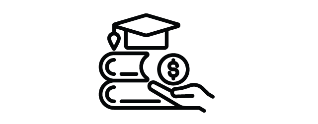 Line drawing - a stack of books with a hand holding a dollar sign