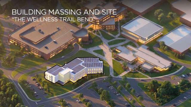 Architect's rendering of an aerial view of the Science and Health building