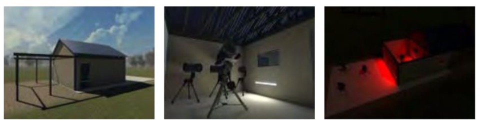 Three architectural concept renderings provided by the Astronomy Department showing the exterior, interior with telescopes, and nighttime red-lit view of a proposed campus observatory.
