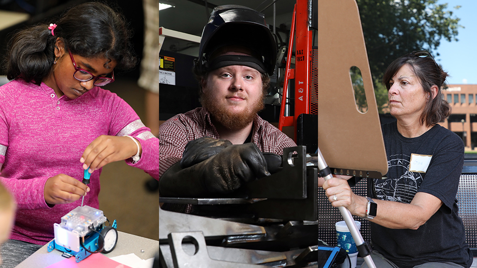 collage of 3 JCCC students - one child working on robotics, one adult male welding student, one nontraditional adult female painting student