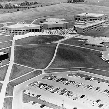 An aerial view of the JCCC campus in the 1980s.
