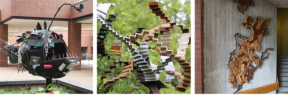 sustainable art sculptures on campus made of recycled materials