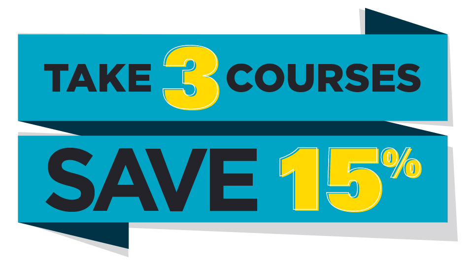A ribbon decorated by words that read "Take 3 courses and save 15%"