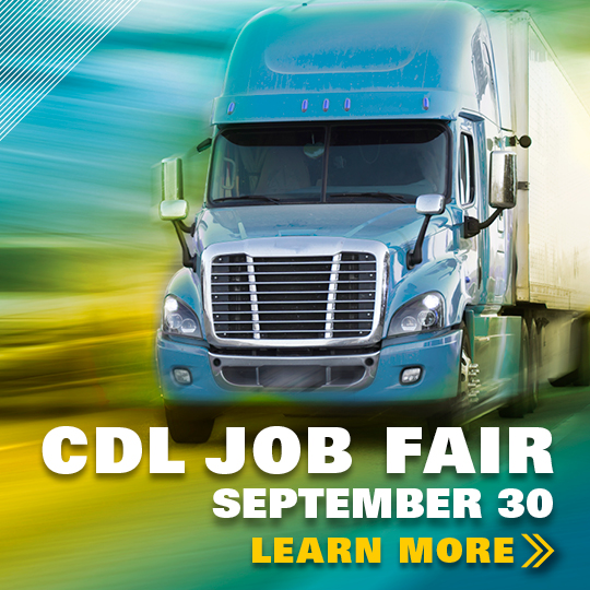 Semi trailer with the words "CDL job fair July 15 - Learn more