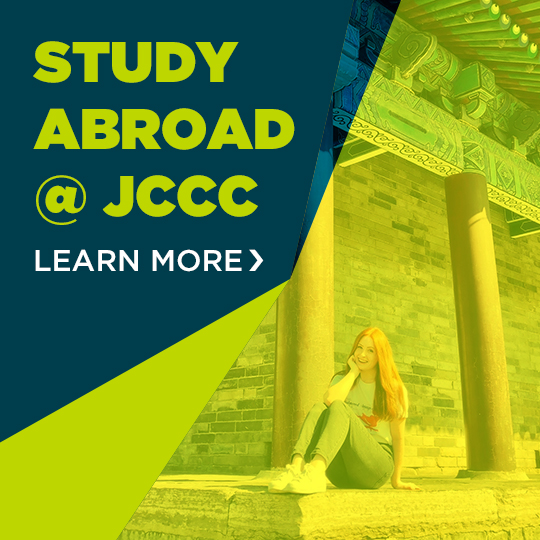 Study abroad student in China and the words "Study Abroad at JCCC"