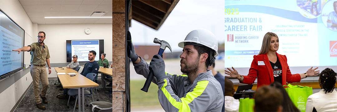 2 images of jccc instructors leading a class and an image of a man using a hammer to practice roofing skills