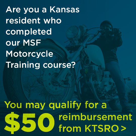 A stylized motorcycle rider next to the words "Are you a Kansas resident who completed our Motorcycle Training course? You may qualify for a reimbursement from KTSRO"