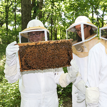 students in beekeeper uniforms hold honeycombs covered in live bees