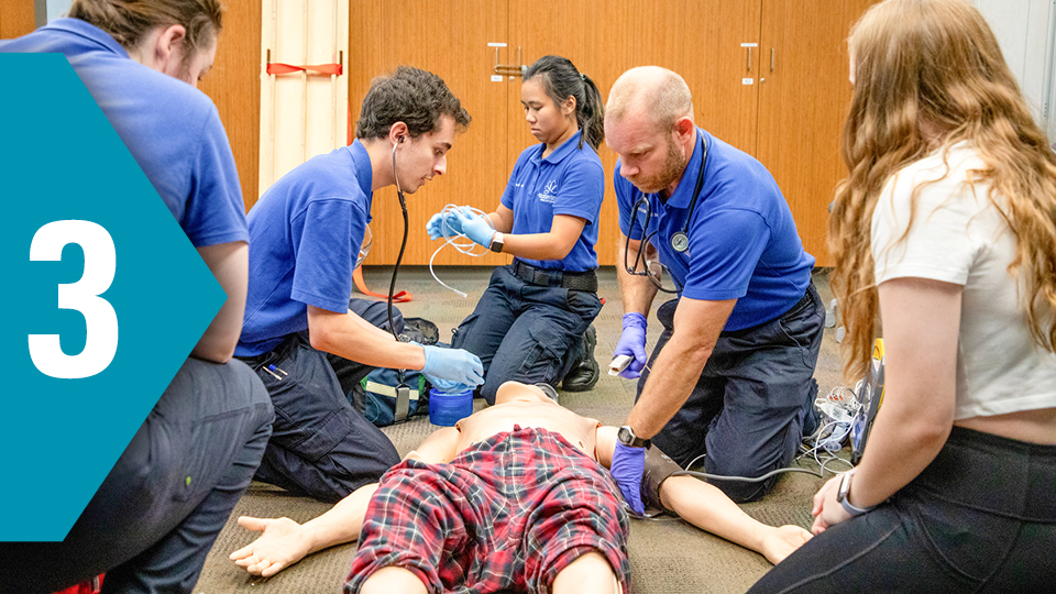 five EMR students practice giving aid using a simulation dummy