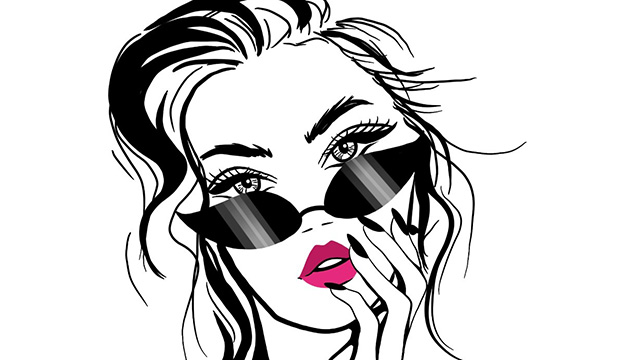 Black and white drawing of a woman wearing sunglasses with her hand to her face