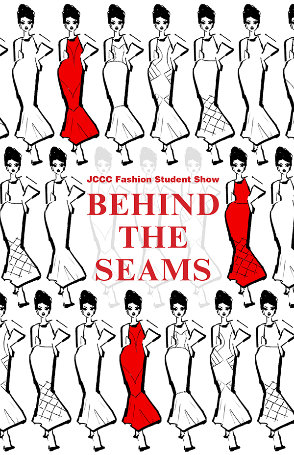 Black and white line drawings of rows of models. One model in each row is red. Words read: Behind the Seams