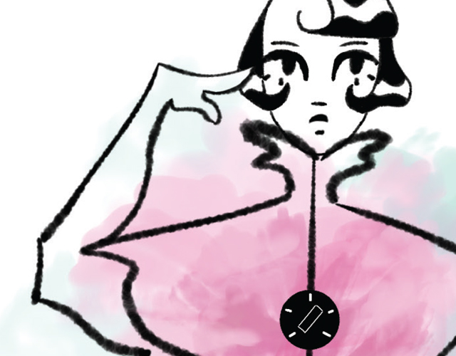 Fashion drawing of a woman in a dress with pastel blue and pink colors