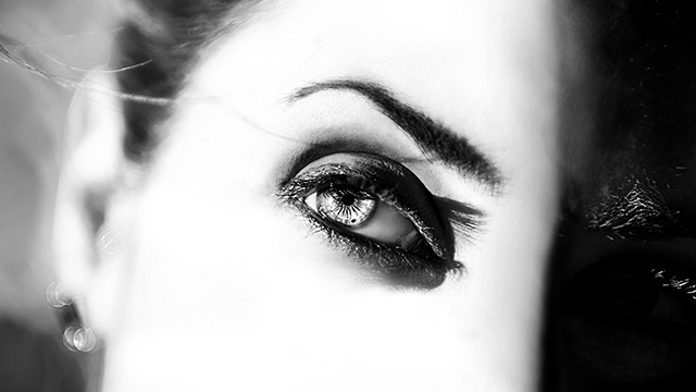 Black and white image of a model's right eye