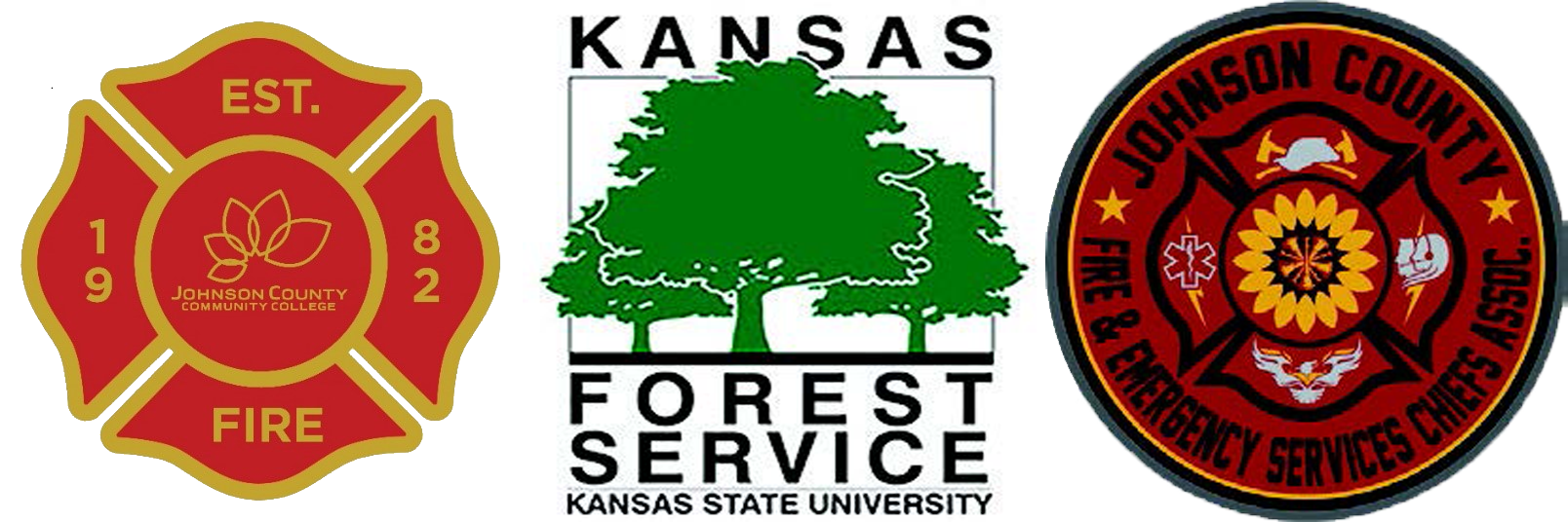 Logos for JCCC Fire Service, Kansas Forest Service and the Johnson County Fire and Emergency Services Chiefs Association