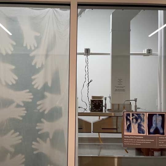 Cyanotype mural on fabric created with visiting artist Triniy Kai