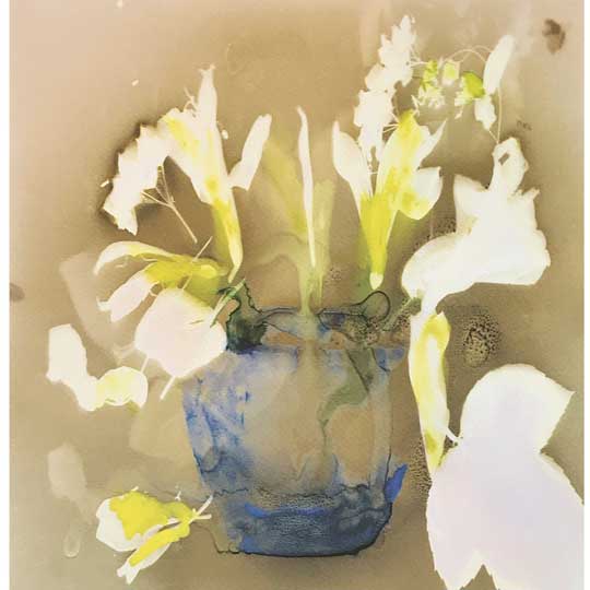 Digitally manipulated lumen print of a blue vase with white flowers