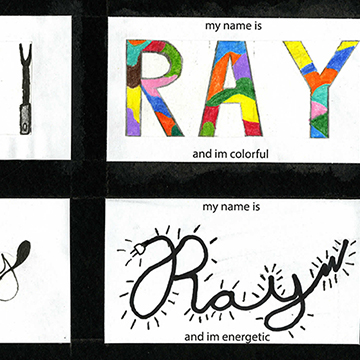 Student project work, "Ray" name tag designs