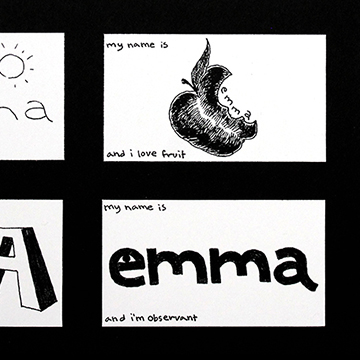Student project work, "Emma" name tag designs