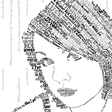 Student project work, digital word art portrait of girl