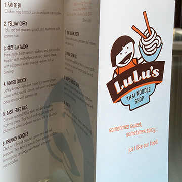 Student project work, Lulu's Thai Noodle Shop menu