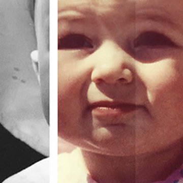 Student project work, photo collage of woman and baby