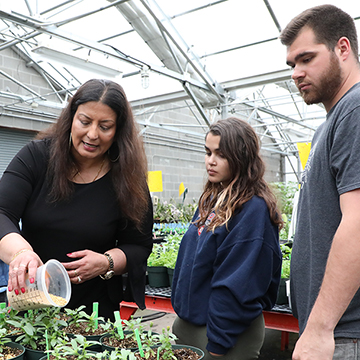 Horticulture students working alongside faculty in the campus greenhouse.