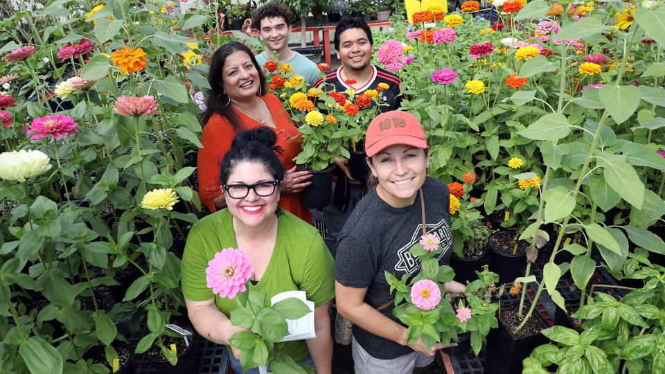 a horticulture class in the greenhouse