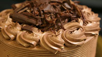 Closeup of an elaborately decorated chocolate cake