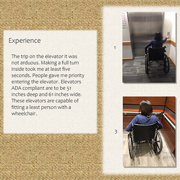 Four images showing a young woman in a wheelchair using an elevator