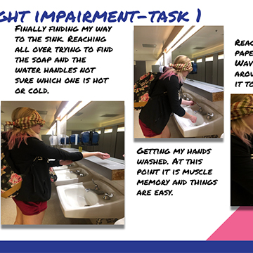 Four images showing blindfolded student trying to navigate a women's restroom