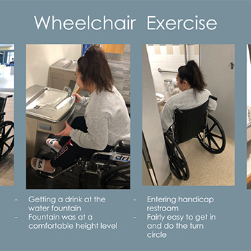 Four images showing a young woman in a wheelchair buying a cup of coffee and attempting open a door
