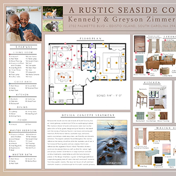 Design board with the title A Rustic Seaside Getaway